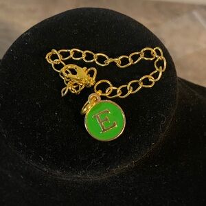Gold Chain Link with Green Enamel Initial 'E' Charm Pendant 5.5” Long Keyring
